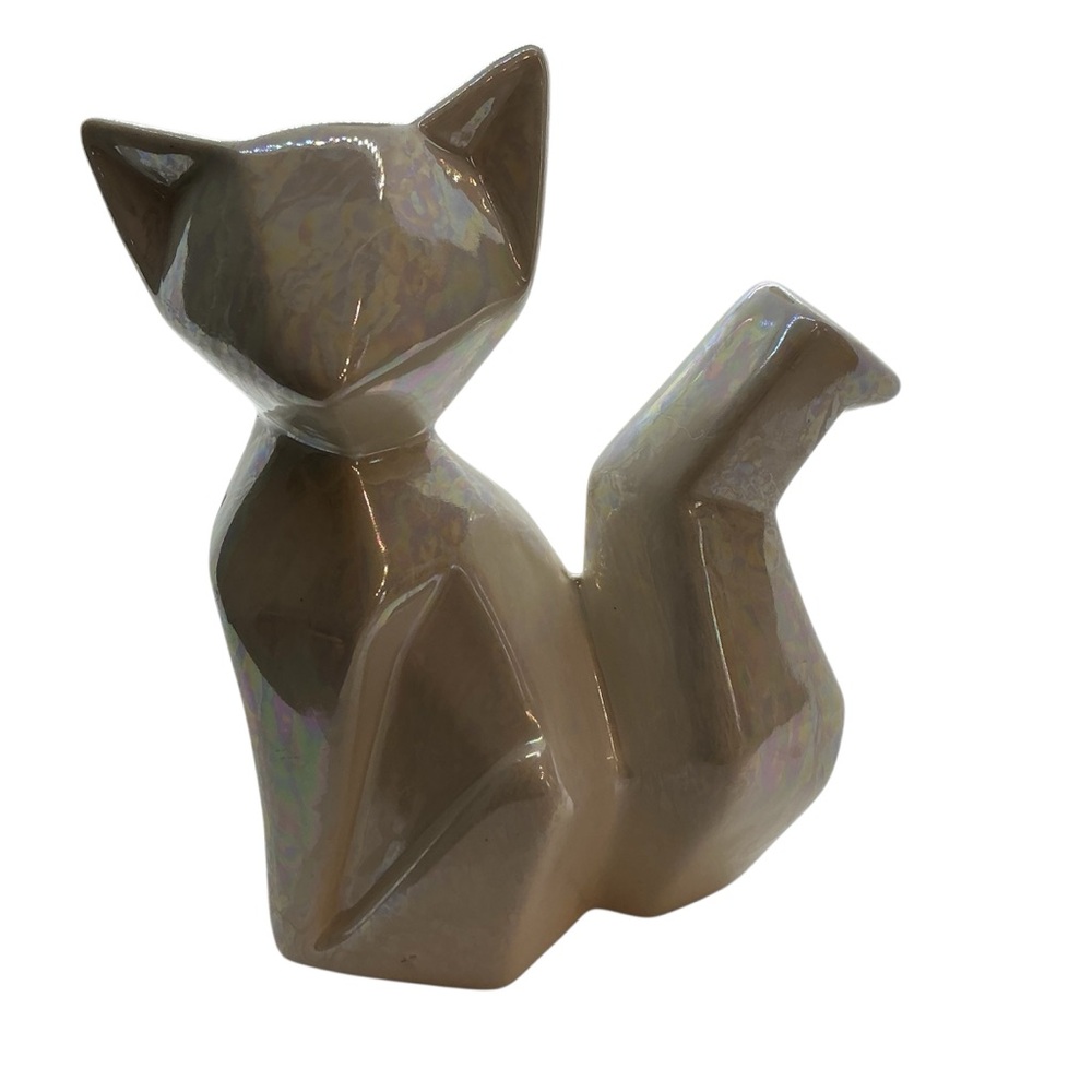Geometric Iridescent Fox Or Cat Figurine White Pearly Ceramic Animal Abstract